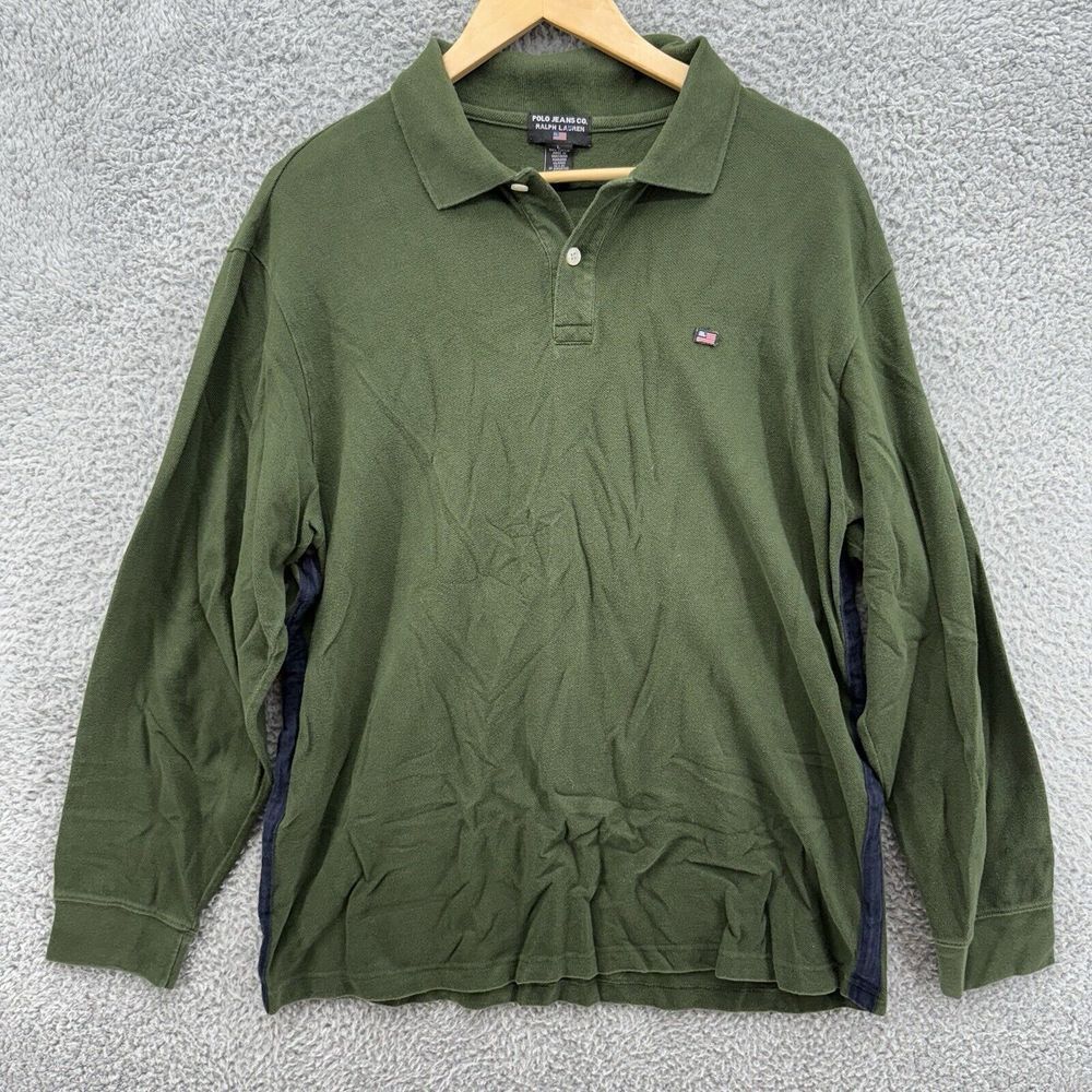 Ralph Lauren Shirt Mens L Green Long Sleeve Polo Jeans Co Blue Side Hem Collared